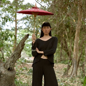 NO.290 Women&#39;s Smocked Waist Wide Leg Pants, Casual Yoga Natural Fiber Flexible Pants in Black