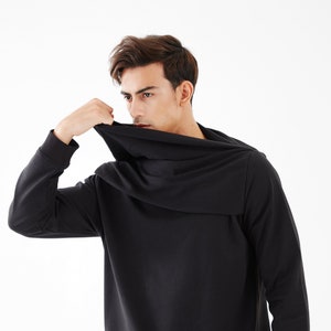 NO.230 Men&#39;s Drape Neck Pullover, Long Sleeve Sweater, Sweatshirt in Black