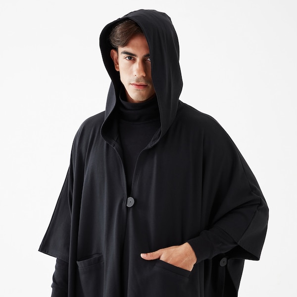 NO.163 Men's Button Front Hooded Poncho, Comfy Versatile Cape in Black