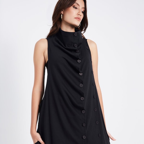 NO.67 Gilet long effet frontal pour femme, cardigan asymétrique sans manches, haut long décontracté avec poches en noir