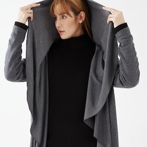 NO.228 Women&#39;s Waterfall Collar Long Sleeve Cardigan, Cardigan Sweater in Mottled Gray