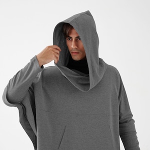NO.176 Men&#39;s Dolman Sleeve Hoodie Sweater, Aesthetic Hoodie in Mottled Gray