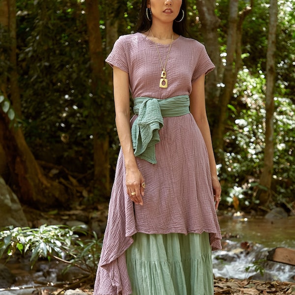 NO.157 Women's Boat Neck Short Sleeves High Low Dress, 100% Natural Fiber Flexible Cotton Dress