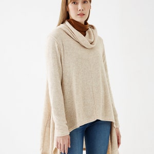 NO.189 Women&#39;s Cowl Neck Long Sleeve Knitted Sweater, Asymmetrical Sweater in Beige