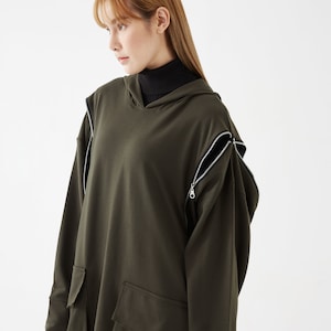 NO.277 Women&#39;s Oversized Hoodie Sweater, Zipper Detail Pullover, Casual Active Jacket, Unisex Sweater, Unisex Sweatshirt in Dark Olive