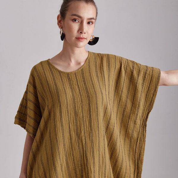 NO.246 Women's Striped Kaftan Top, Minimalist Loose Caftan, Short Sleeve Loungewear Kaftan, Natural Fiber Flexible Boxy Top