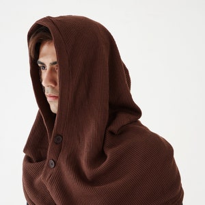 NO.97 Men&#39;s Hoodie Scarf, Hooded Cowl Buttons, Hooded Neck Warmer, Unisex Hoody Scarf in Brown