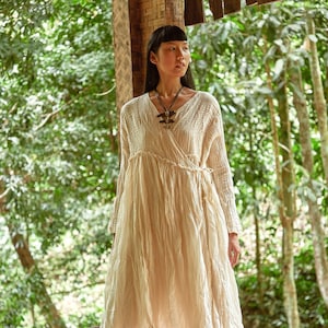 NO.251 Long Sleeve Wrap Dress, Casual Summer Dress, Natural Fiber Flexible Cotton Long Cardigan in Cream image 1