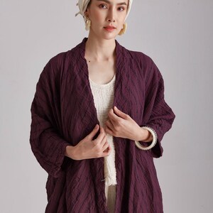 NO.263 Women's Striped Kimono Cardigan, Natural Fiber Flexible Cotton Loose Cardigan in Purple