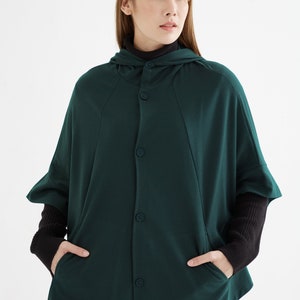 NO.283 Women&#39;s Short Sleeve Hooded Cardigan, Hooded Cape, Poncho with Hood, Unisex Hoodie in Teal