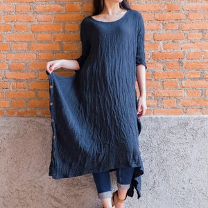 NO.237 Women's Boat Neck 3/4 Sleeve Side Buttons, Natural Fiber Flexible Cotton Dress