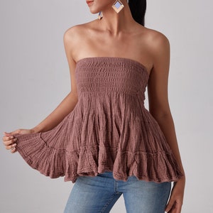 NO.202 Women's Ruffle Smocked Tube Top, Tiered Peasant Mini Skirt