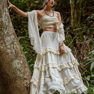 NO.303 Women's Tiered Ruffle Detail Long Skirt, Boho A-line Maxi Skirt, Natural Fiber Flexible Cotton Skirt zdjęcie 1