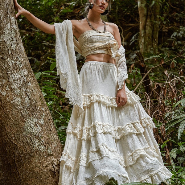 NO.303 Women's Tiered Ruffle Detail Long Skirt, Boho A-line Maxi Skirt, Natural Fiber Flexible Cotton Skirt