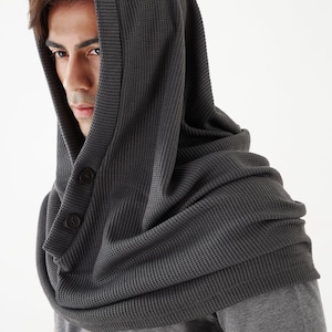 NO.97 Men's Hoodie Scarf, Hooded Cowl Buttons, Hooded Neck Warmer, Unisex Hoody Scarf in Gray image 1