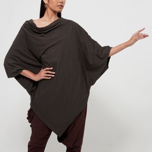 NO.63 Women&#39;s Cowl Neck Short Sleeve Top, Minimalist Clothing, Loose Asymmetrical Shirt in Charcoal