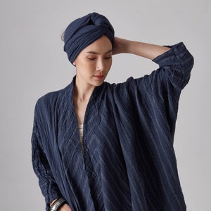 NO.263 Women&#39;s Striped Kimono Cardigan, Natural Fiber Flexible Cotton Loose Cardigan in Blue
