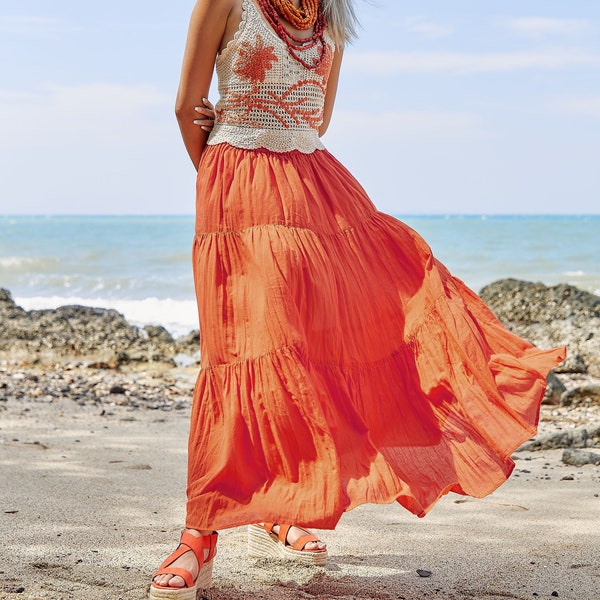 NO.5 Women's Hippie Gypsy Boho Tiered Peasant Long Maxi Skirt in Orange