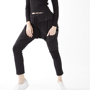 NO.180 Women’s Foldover–Waistband Drop Crotch Harem Pants, Drawstring Waist Ninja Trousers, Casual Harem Pants in Black