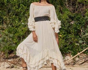 NEW---NO.328...... Women's Off-the-Shoulder Bell-Sleeve Dress, Flowy Summer Dress in Cream
