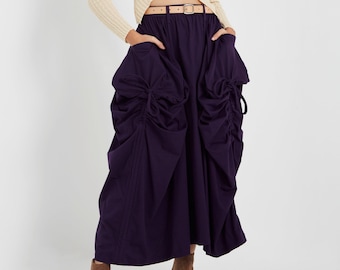 NO.123 Women's Large Patch Pocket Maxi Skirt, Long Maxi Skirt With Pockets, Comfy Casual Convertible Skirt in Purple