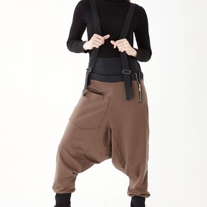 NO.254 Women's High Waist Suspender Harem Pants, Drop Crotch Joggers, Urban Fashion, Unisex Trousers in Light Brown