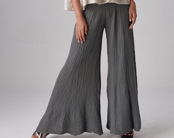 NO.290 Women's Smocked Waist Wide Leg Pants, Natural Fiber Flexible Casual Yoga Pants in Bluish Gray