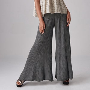 NO.290 Women&#39;s Smocked Waist Wide Leg Pants, Natural Fiber Flexible Casual Yoga Pants in Bluish Gray