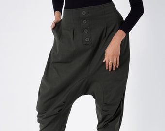 NO.64 Women&#39;s Button Front Detail Drop Crotch Harem Pants, Low Crotch Trousers, Casual Jogger Pants in Charcoal
