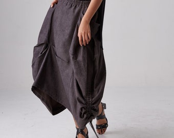 NO.299 Women's Exposed-Seam Detail Asymmetrical Skirt, Drawstring Detail Midi A-Line Skirt in Gray