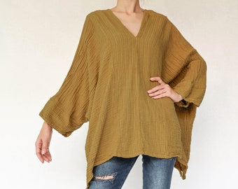 NO.276 Women's V Neck Kaftan Top, Loose Casual Summer Top, Natural Fiber Flexible Cotton Beachwear Caftan in Mustard Yellow