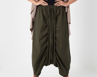 NO.309 Women’s Drawstring Waist Low Crotch Skirt/Pants, Loose Drop Crotch Harem Trouser, Comfy Leisure Skirt/Pants in Olive