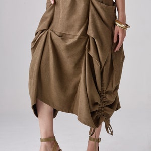 NO.299 Women's Exposed-Seam Detail Asymmetrical Skirt, Drawstring Detail Midi A-Line Skirt in Greenish Brown