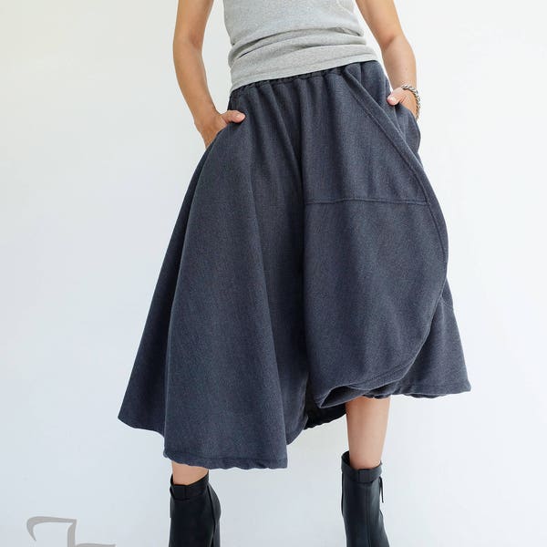 NO.221 Women's Asymmetric Midi Skirtpants, Avant Garde Skirt in Blue-Gray