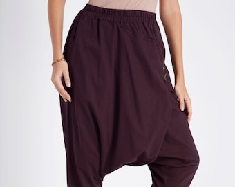 N.° 167 Pantalones harén con botones y tiro caído para mujer, pantalones cruzados, pantalones unisex en color ciruela