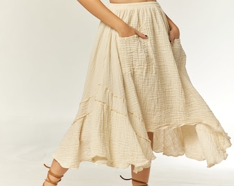 NEW---NO.316 Women&#39;s Front Pocket Skirt, Asymmetrical Tiered Skirt, Flowy A-Line Skirt, Natural Fiber Flexible Cotton Skirt