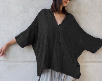 NO.276 Women's V Neck Kaftan Top, Loose Casual Summer Top, Natural Fiber Flexible Cotton Beachwear Caftan in Black