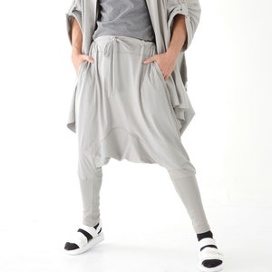 NO.58 Men's Drawstring Waist Low Crotch Harem Pants, Loose Harem Trousers, Unisex Pants in Gray image 1