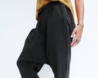 Pantalones Harem de Patchwork: Pantalones de Algodón Negro de Tiro Bajo