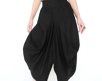 NO.265 Women’s Lantern Leg Drop Crotch Capri Pants, Linen Blend Cotton Pants in Black