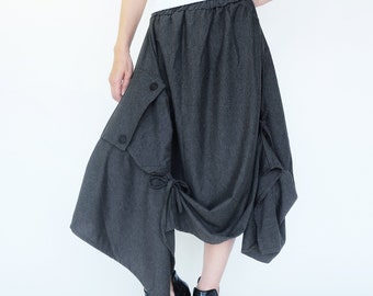 NO.252 Women's Extravagant Asymmetrical Skirt, Drawstring-Detail A-Line Skirt in Mottled Gray