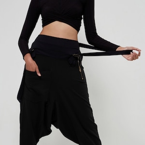NO.254 Women&#39;s High Waist Suspender Harem Pants, Drop Crotch Joggers, Urban Fashion, Unisex Trousers in Black