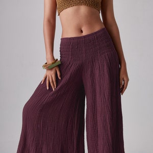 NO.290 Women's Smocked Waist Wide Leg Pants, Casual Yoga Natural Fiber Flexible Pants in Purple