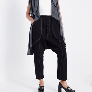 NEW---NO.307 Women’s Drop Crotch Harem Pants, Button Front Pants, Unisex Ankle & Cropped Pants, White Stitch Detailed Pants in Black