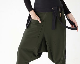 NO.254 Women's High Waist Suspender Harem Pants, Drop Crotch Joggers, Urban Fashion, Olive Unisex Pants