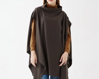 NO.279 Women’s Stand Collar Poncho Sweater, Extravagant Asymmetric Poncho Fall Winter, Poncho in Charcoal