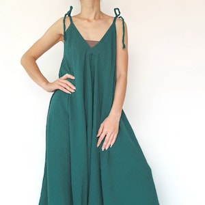 NO.275 Women&#39;s Lagenlook Wide Leg Romper, Casual Harem Jumpsuit, Natural Fiber Flexible Cotton Playsuit in Teal Green