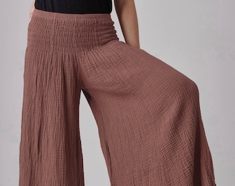 NO.290 Women's Smocked Waist Wide Leg Pants, Natural Fiber Flexible Casual Yoga Pants in Brownish Pink