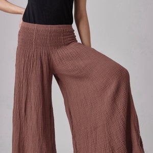 NO.290 Women's Smocked Waist Wide Leg Pants, Natural Fiber Flexible Casual Yoga Pants in Brownish Pink image 1