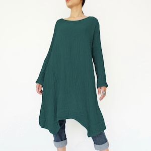 NO.201 Women's Long Sleeves Stitch Detail Tunic Dress, Casual Minimalist Dress, Natural Fiber Flexible Cotton in Teal Green